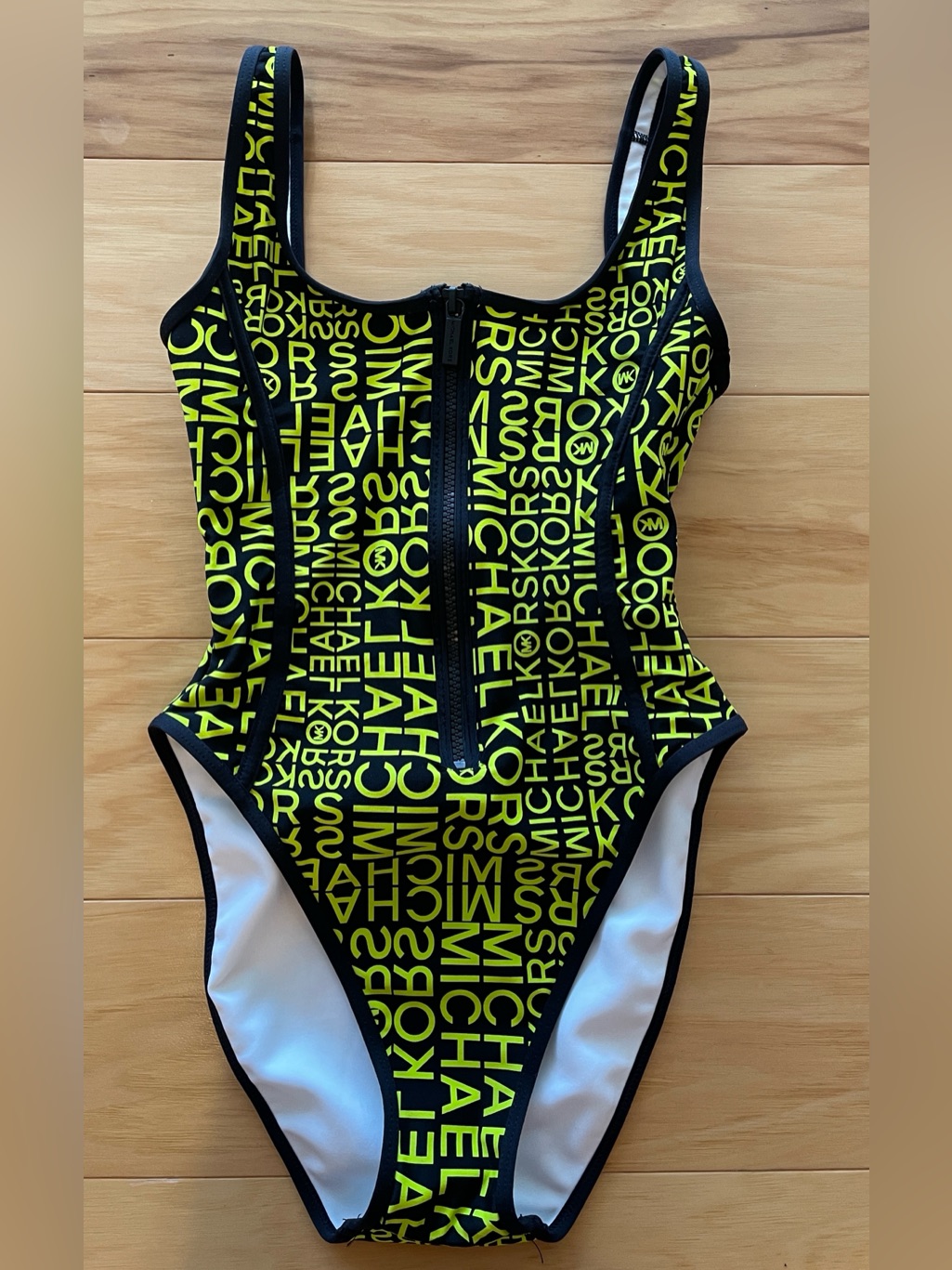 Michael Kors Black Neon Green Logo Zip Front One Piece Swimsuit Nwot Size 4